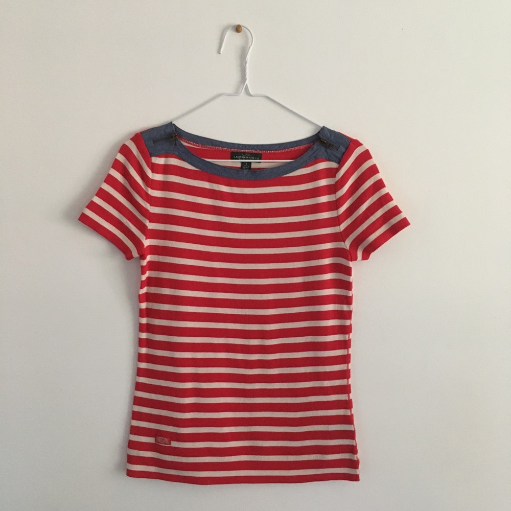 Lauren Ralph Lauren Striped Tee Zipper Shoulders